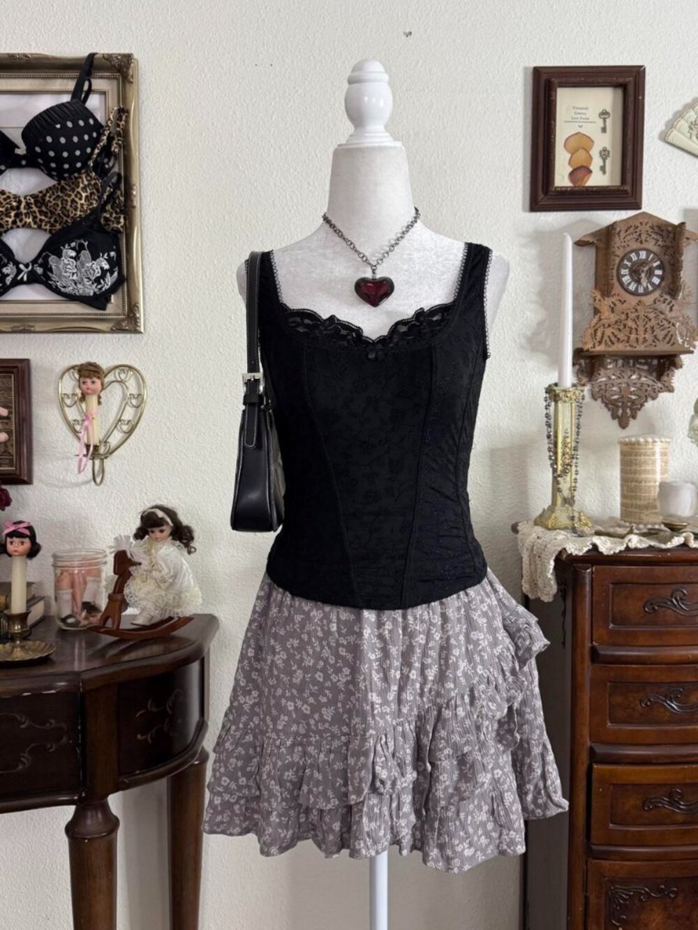Dainty cottagecore floral fairy grey ruffled floral mini skirt